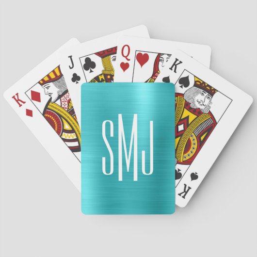 Turquoise Blauwe Folie Drieletter Monogram Pokerkaarten (Achterkant)
