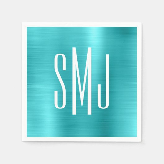 Turquoise Blauwe Folie Drielettermonogram Servet (Voorkant)