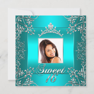Turquoise Blauwe Foto Sweet 16 Zestien 16e Verjaar Kaart