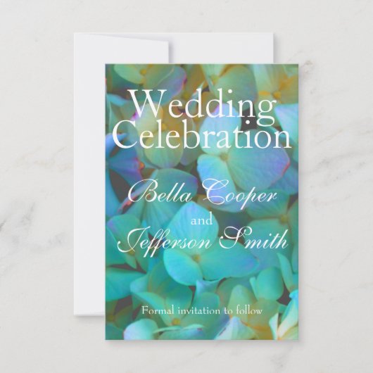 Turquoise blauwe gele roze hortensia bloemen bloem save the date (Voorkant)