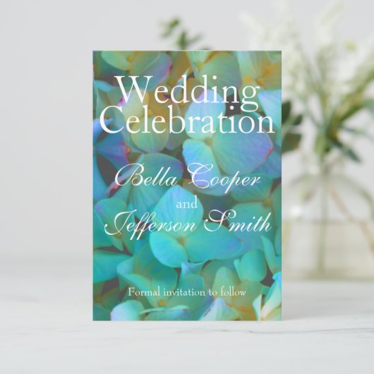 Turquoise blauwe gele roze hortensia bloemen bloem save the date (Staand voorkant)