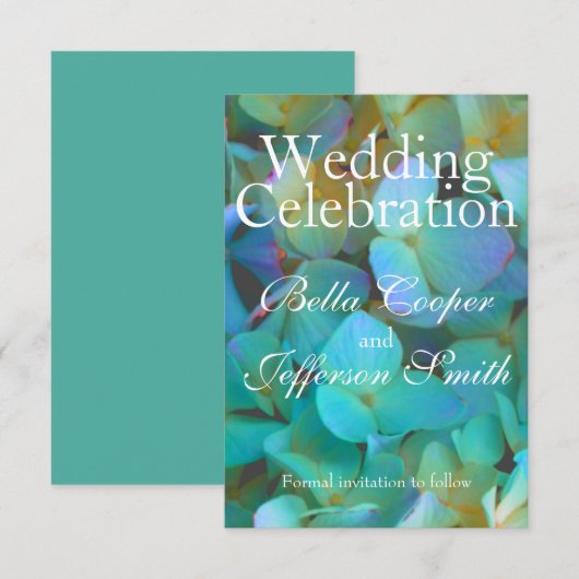 Turquoise blauwe gele roze hortensia bloemen bloem save the date (Voorkant / Achterkant)