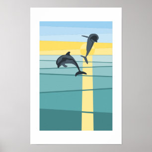 Turquoise-Blauwe Gele Zonsondergang Dolfijn Vector Poster