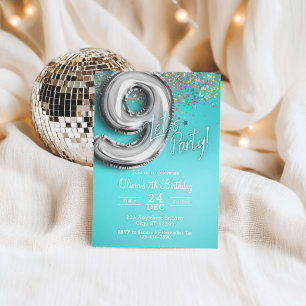Turquoise Blauwe Glitter 9de Verjaardagsuitnodigin Kaart