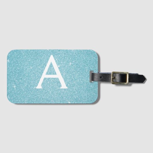 Turquoise Blauwe Glitter Monogram Naam Bagagelabel (Voorkant (horizontaal))
