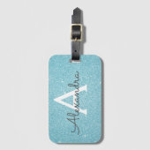 Turquoise Blauwe Glitter Monogram Naam Bagagelabel (Voorkant (verticaal))