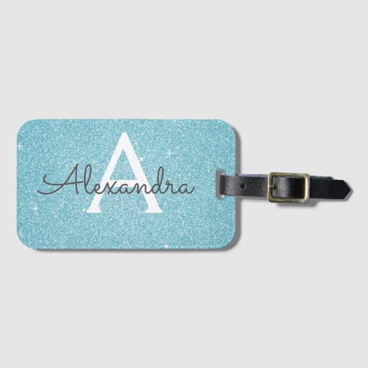 Turquoise Blauwe Glitter Monogram Naam Bagagelabel (Voorkant (horizontaal))