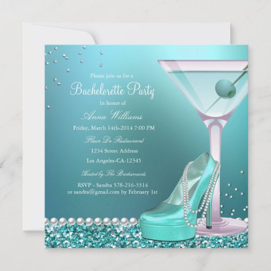 Turquoise Blauwe Glitter Parel Bachelorette Feest Kaart (Voorkant)