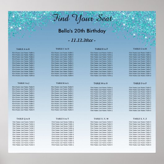 Turquoise Blauwe Glitter Verjaardag Alfabetisch Zi Poster (Voorkant)