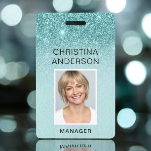 Turquoise Blauwe Glitter Werknemersnaam Foto Zakel Badge