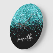 Turquoise Blauwe Glitter Zwarte Script Naam Grote Klok (Hoek)