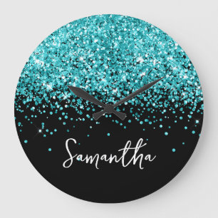 Turquoise Blauwe Glitter Zwarte Script Naam Grote Klok