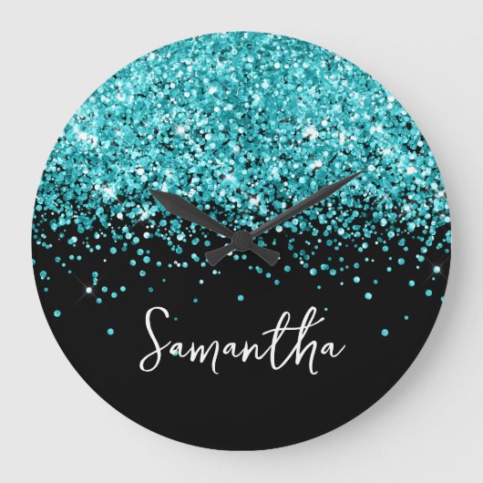 Turquoise Blauwe Glitter Zwarte Script Naam Grote Klok (Voorkant)