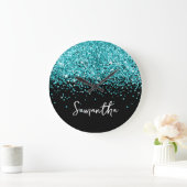 Turquoise Blauwe Glitter Zwarte Script Naam Grote Klok (Huis)