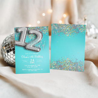 Turquoise blauwe glitters 12e uitnodiging