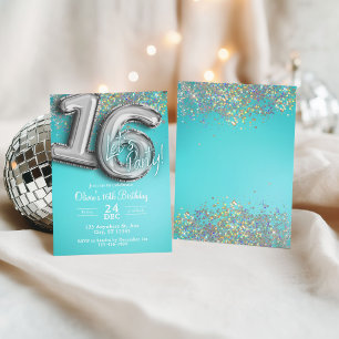 Turquoise blauwe glitters 16e uitnodiging