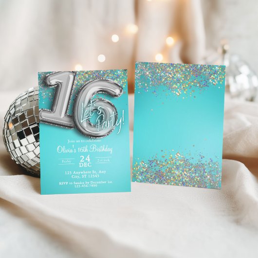 Turquoise blauwe glitters 16e uitnodiging