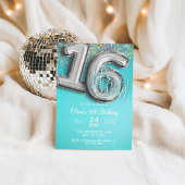 Turquoise blauwe glitters 16e uitnodiging