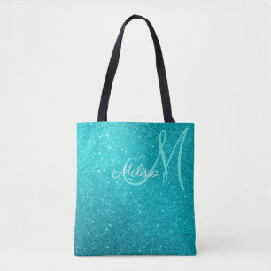 Turquoise Blauwe Glitters & Glitters Met Monogram Tote Bag