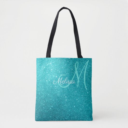 Turquoise Blauwe Glitters & Glitters Met Monogram Tote Bag (Voorkant)