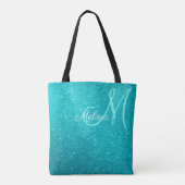 Turquoise Blauwe Glitters & Glitters Met Monogram Tote Bag (Achterkant)