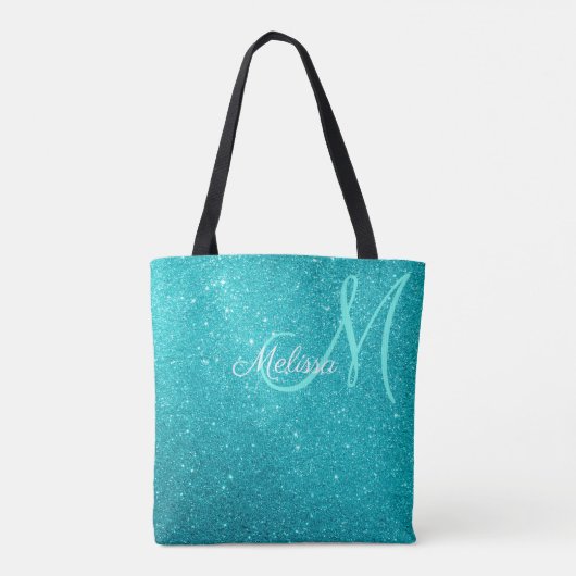 Turquoise Blauwe Glitters & Glitters Met Monogram Tote Bag (Achterkant)