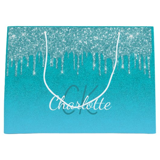 Turquoise blauwe glitterslierten monogram glans sc groot cadeauzakje (Voorkant)