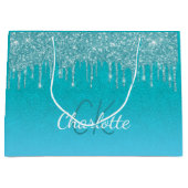 Turquoise blauwe glittersluiers monogram glans sch groot cadeauzakje (Voorkant)