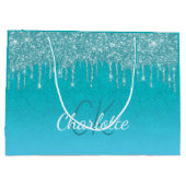 Turquoise blauwe glittersluiers monogram glans sch groot cadeauzakje (Achterkant)