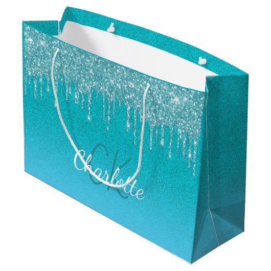 Turquoise blauwe glittersluiers monogram glans sch groot cadeauzakje (Achterkant Gekanteld)