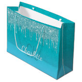 Turquoise blauwe glittersluiers monogram glans sch groot cadeauzakje (Voorkant Gekanteld)