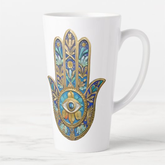 Turquoise Blauwe Goud Hamsa Saffier Derde Oog Latte Mok (Rechts)