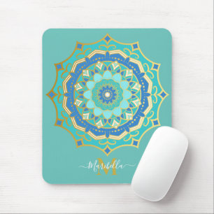 Turquoise Blauwe Gouden Boho Mandala Muismat