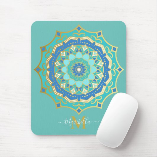 Turquoise Blauwe Gouden Boho Mandala Muismat (Met muis)