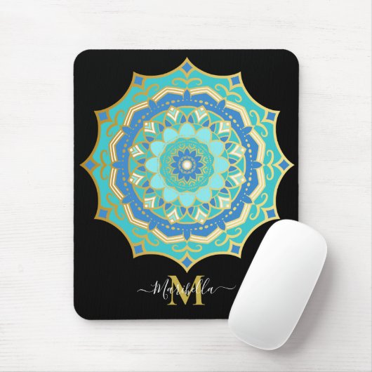 Turquoise Blauwe Gouden Boho Mandala Muismat (Met muis)