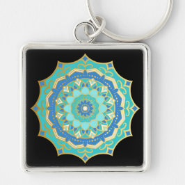 Turquoise Blauwe Gouden Boho Mandala Sleutelhanger
