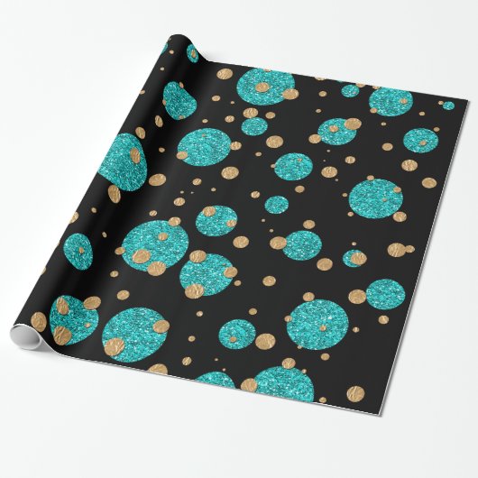 Turquoise Blauwe Gouden Confetti Stip Cadeaupapier (Uitgerold)