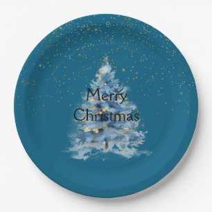Turquoise Blauwe Gouden Confetti Stippen Kerstboom Papieren Bordje