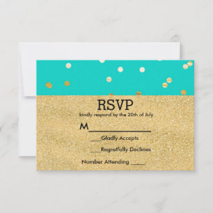 Turquoise Blauwe & Gouden Glanzende Confetti Stipp RSVP Kaartje