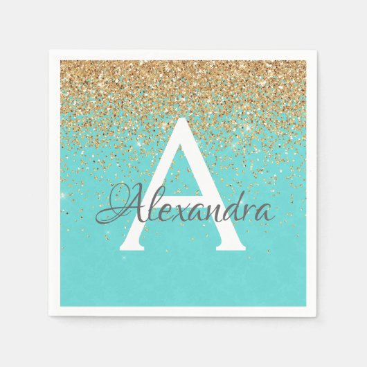 Turquoise Blauwe Gouden Glitters & Glans Monogram Servet (Voorkant)