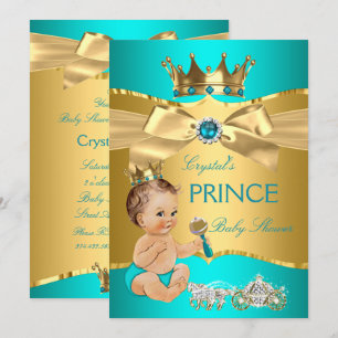 Turquoise Blauwe Gouden Prins Baby Shower Bruine J Kaart