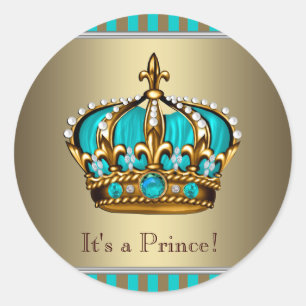 Turquoise Blauwe Gouden Prins Baby Shower Stickers