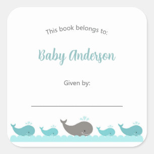 Turquoise Blauwe Grijze Walvissen Childs Bookplate Vierkante Sticker