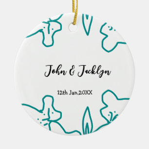 Turquoise blauwe huwelijks koppel naam datum flsty keramisch ornament