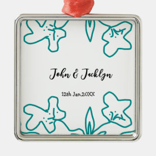 Turquoise blauwe huwelijks koppel naam datum flsty metalen ornament