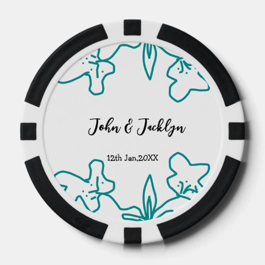 Turquoise blauwe huwelijks koppel naam datum flsty poker chips (Voorkant)