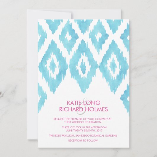 Turquoise Blauwe Ikat Bruiloft Kaart (Voorkant)