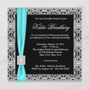 Turquoise Blauwe Kant Zwarte Sweet Sixteen Feest Kaart