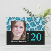 Turquoise blauwe luipaard print 20e verjaardag fot kaart (Staand voorkant)