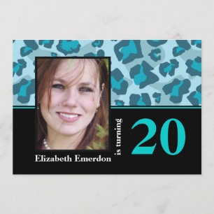 Turquoise blauwe luipaard print 20e verjaardag fot kaart